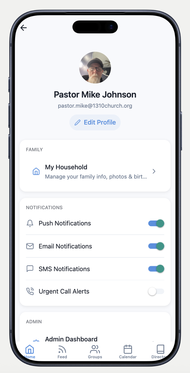 Profile screen showing SMS Notifications toggle enabled under Notification Preferences